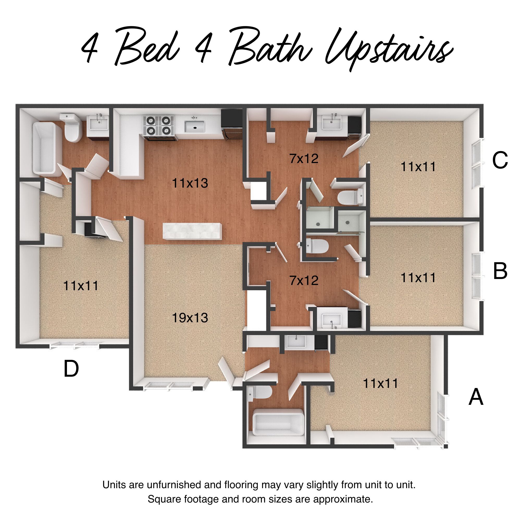 Floor plan for 4 beds, 4 baths, 1614 sqft